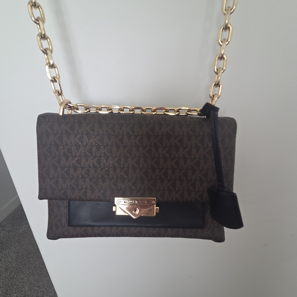 Michael Kors Black and Brown Shoulder Bag with Gold Chain